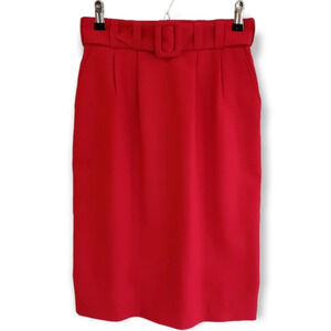 Vintage Pure Virgin Wool 80s Red Pleated Skirt with Belt and Pockets Size 6